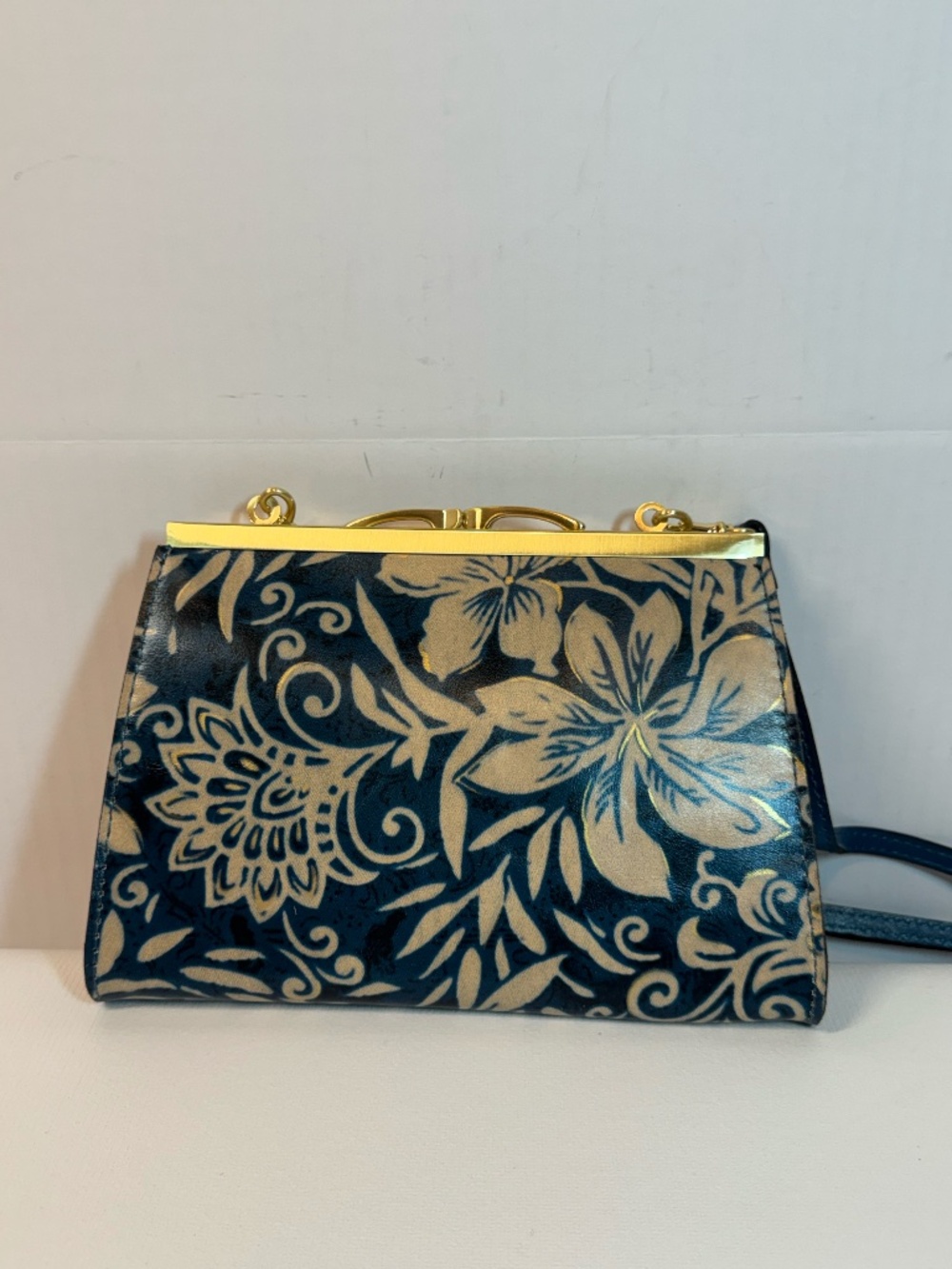 Patricia Nash Greek Floral Frame Crossbody Bag Blue Gold NWOT
